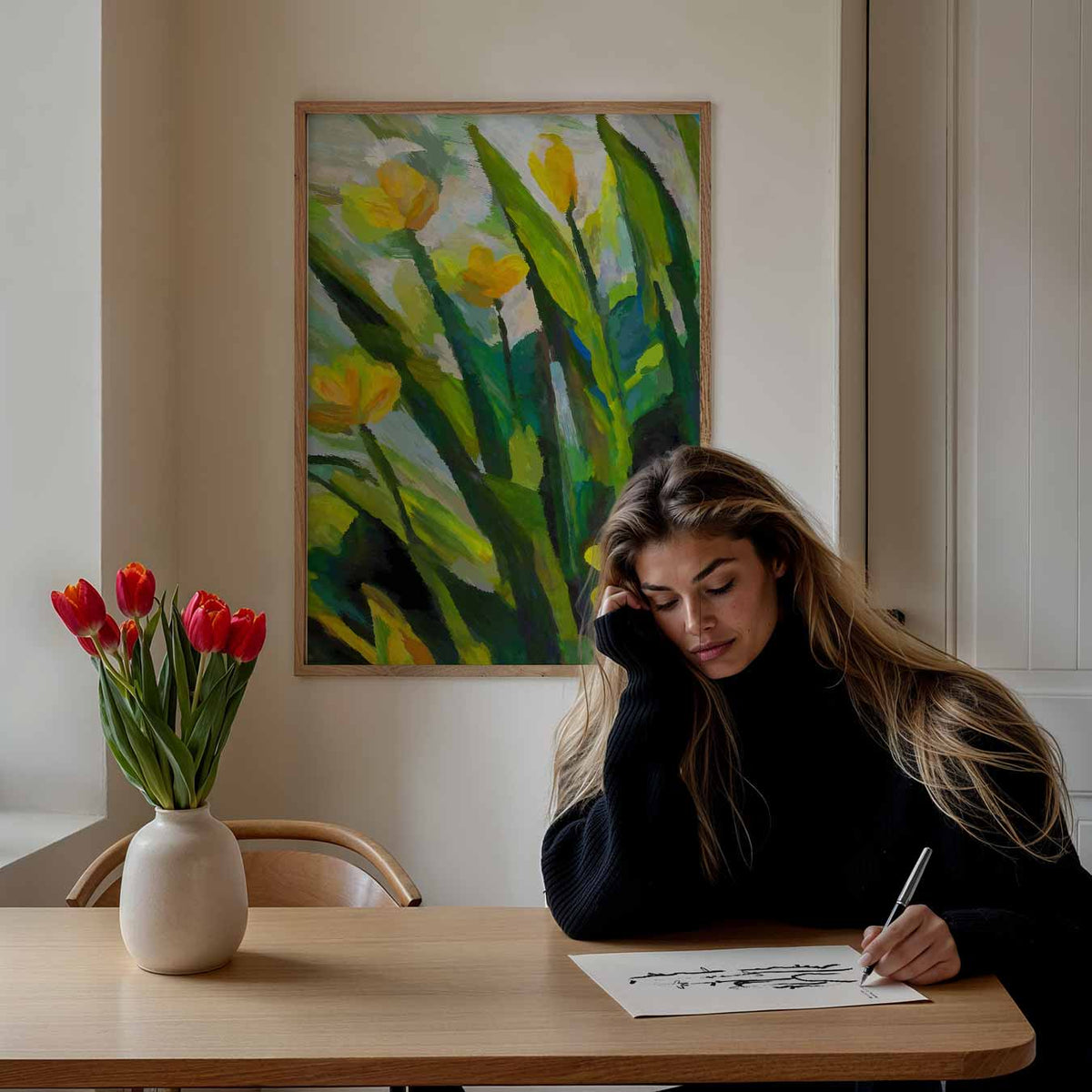 Bloeiende Lente Tulpenschilderij – bloemen poster als moderne staande wanddecoratie