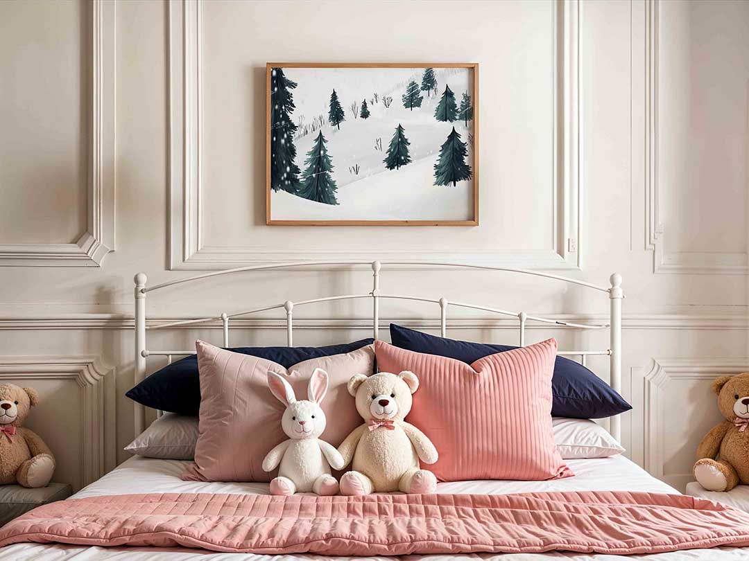 Winterlandschap met dennenbomen – kids poster in liggend formaat