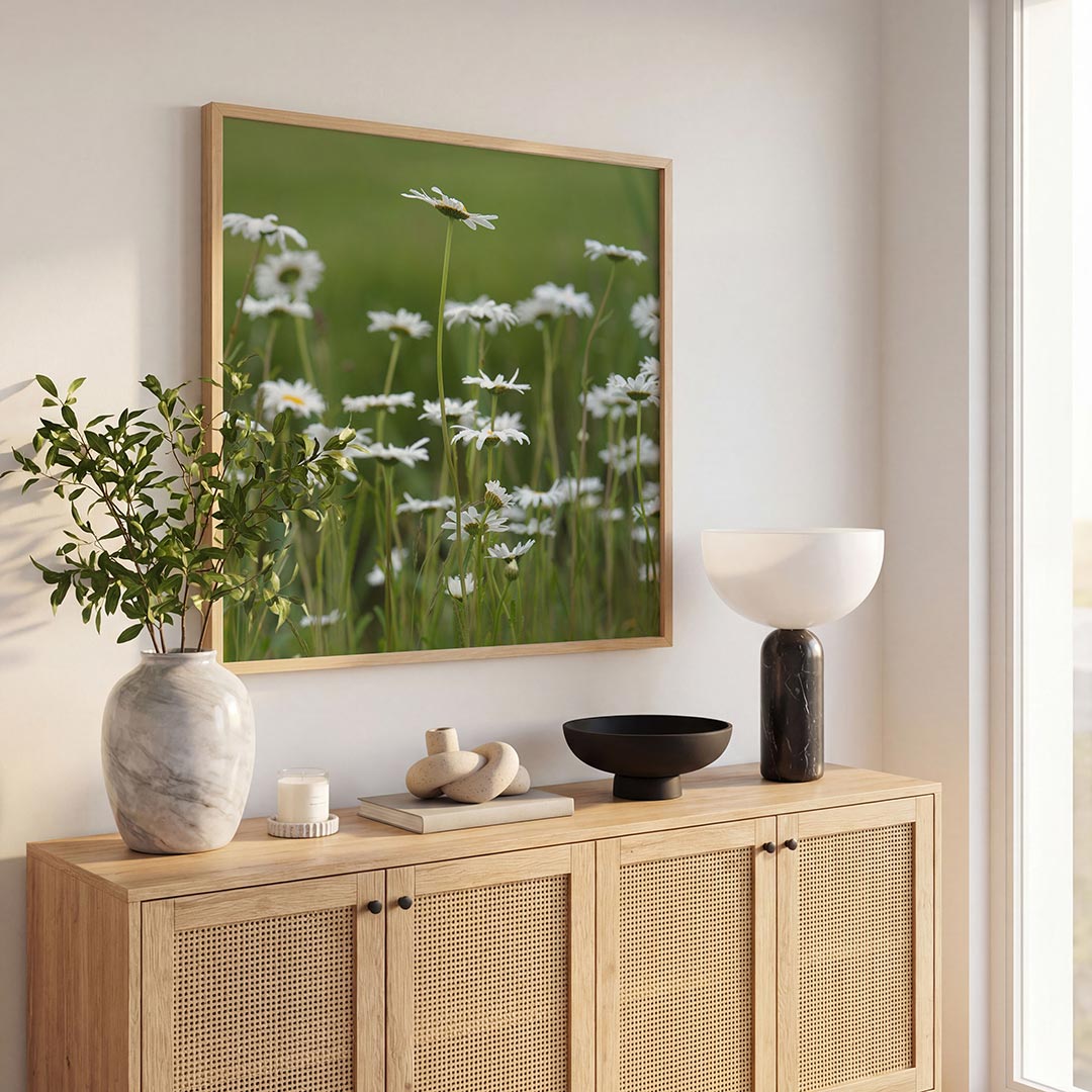 Bloemenweide poster – tweede productweergave – deze poster toont een weide vol witte bloemen tegen een groene achtergrond. De