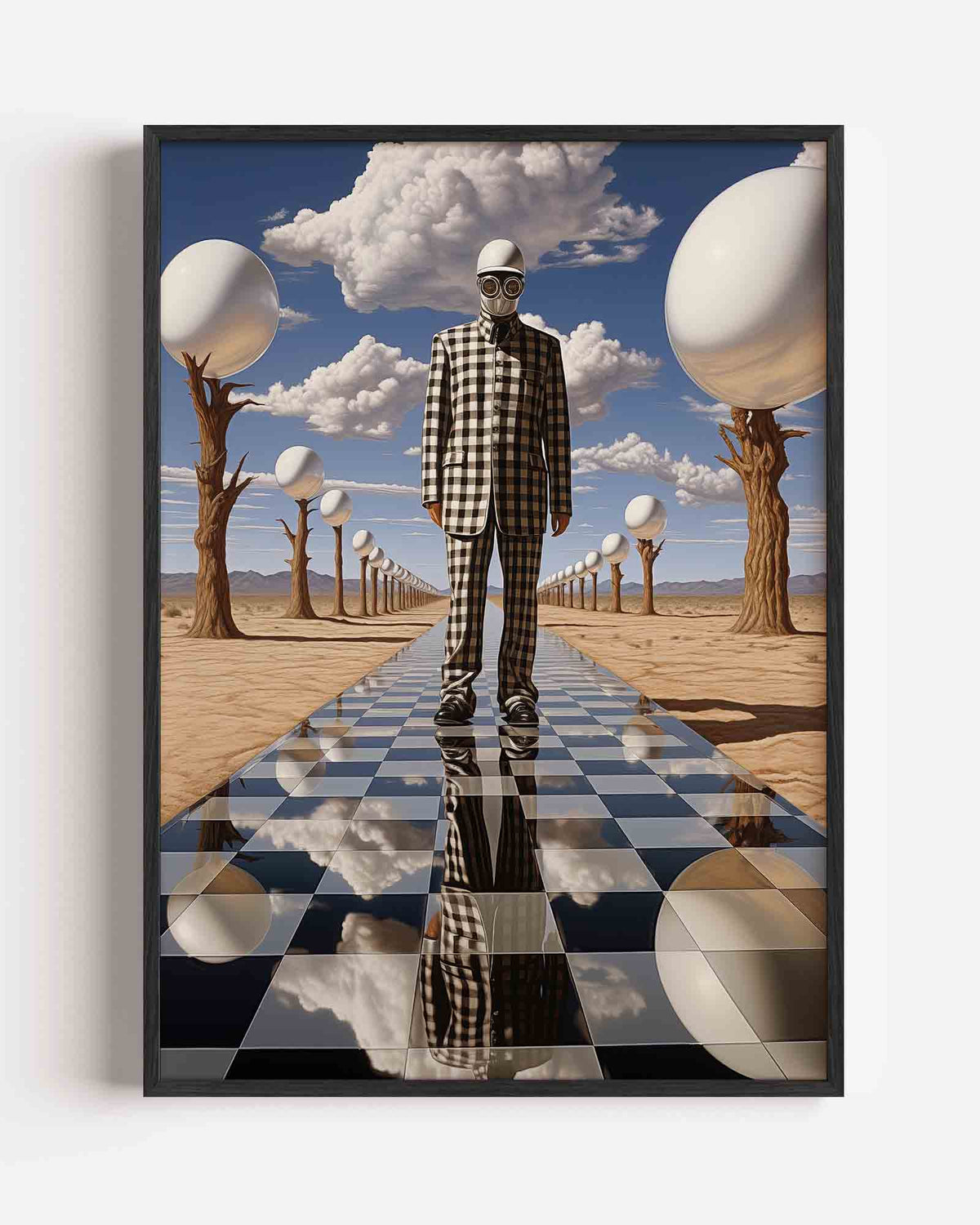 Geblokte figuur en bollen – surrealistische portret poster als wanddecoratie