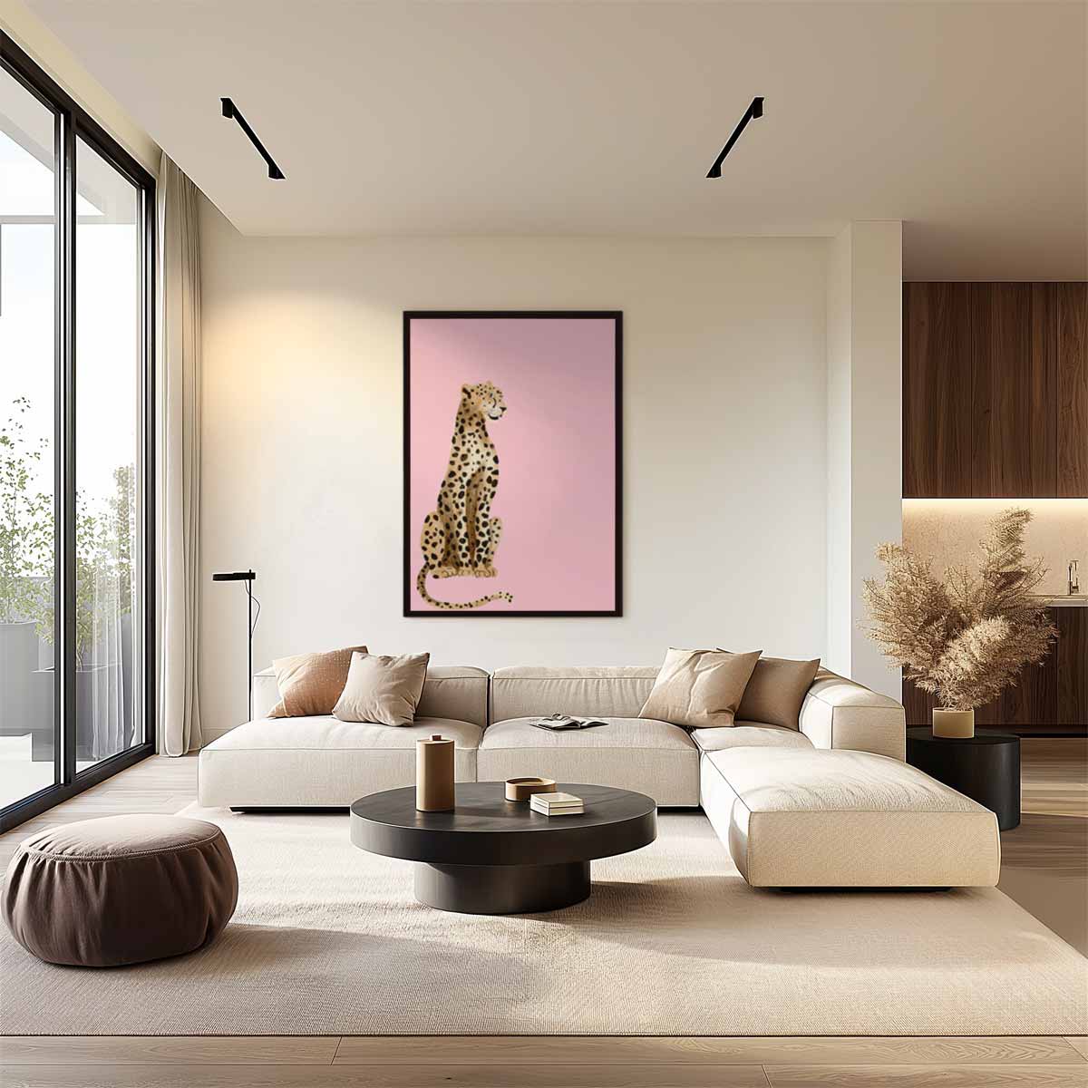 Elegante Luipaard op Roze Achtergrond – canvas wanddecoratie in portret formaat