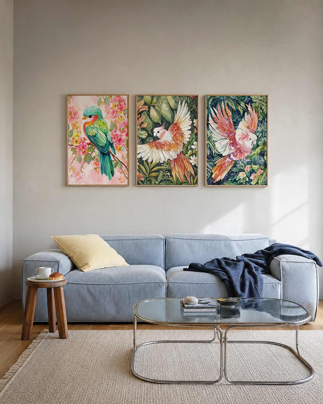 Vogel en bloemenpracht posterset – tweede productweergave – een kleurrijke vogel met levendige veren zit tussen roze en