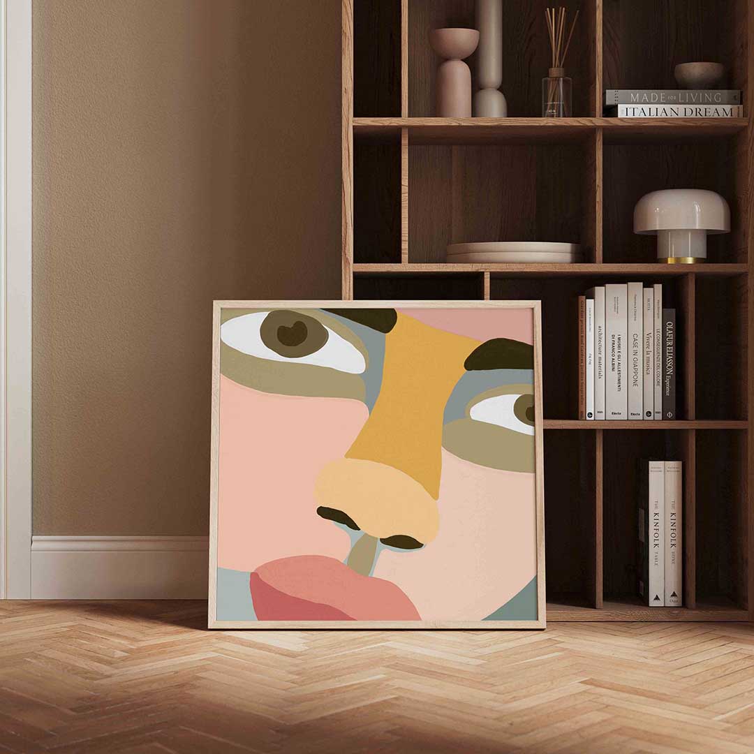 Abstract gezicht – kleurrijke vierkante wanddecoratie van WallArtistic