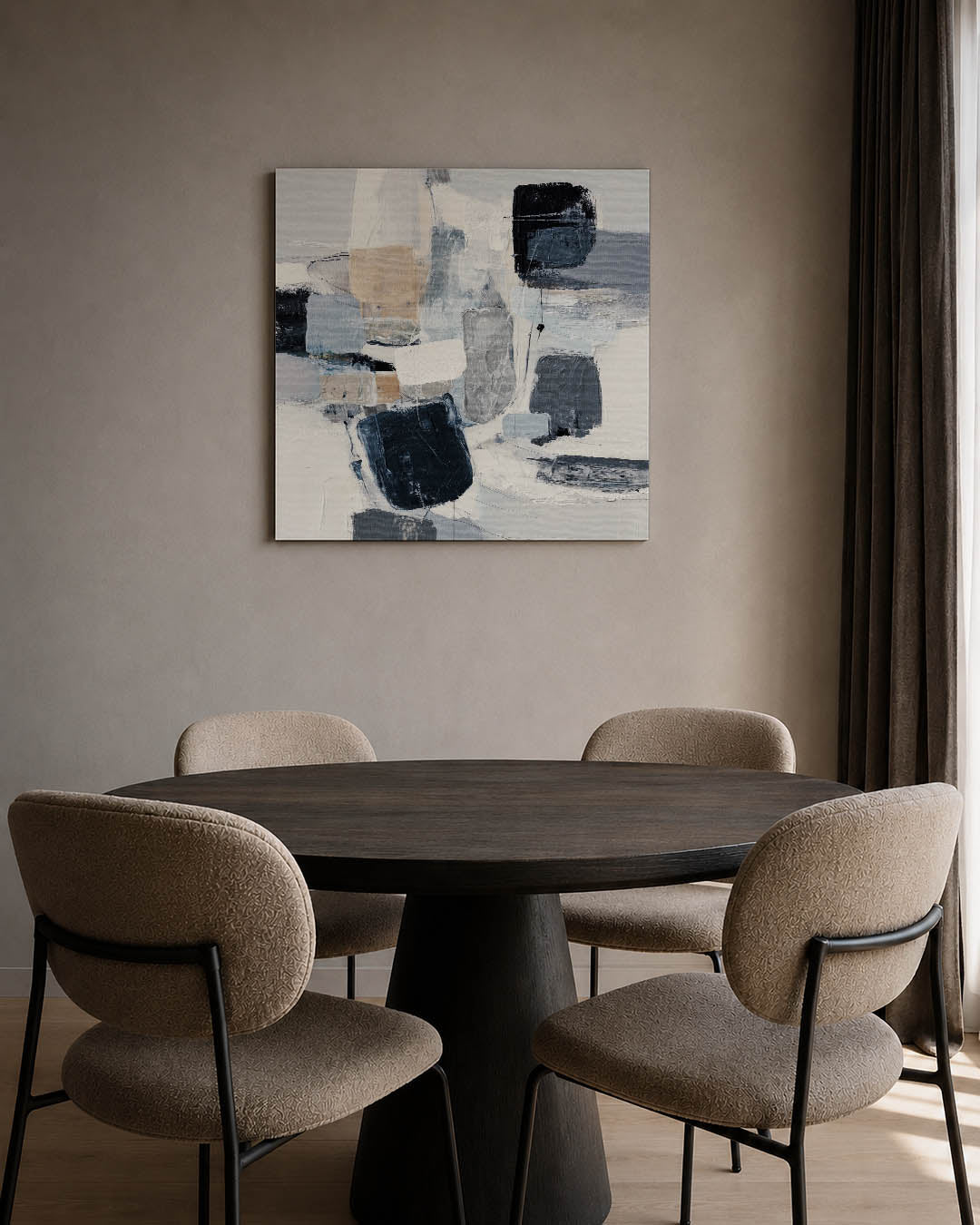 Geometrische compositie kunstwerk – tweede productweergave – dit werk toont een dynamische mix van rechthoeken en vierkanten