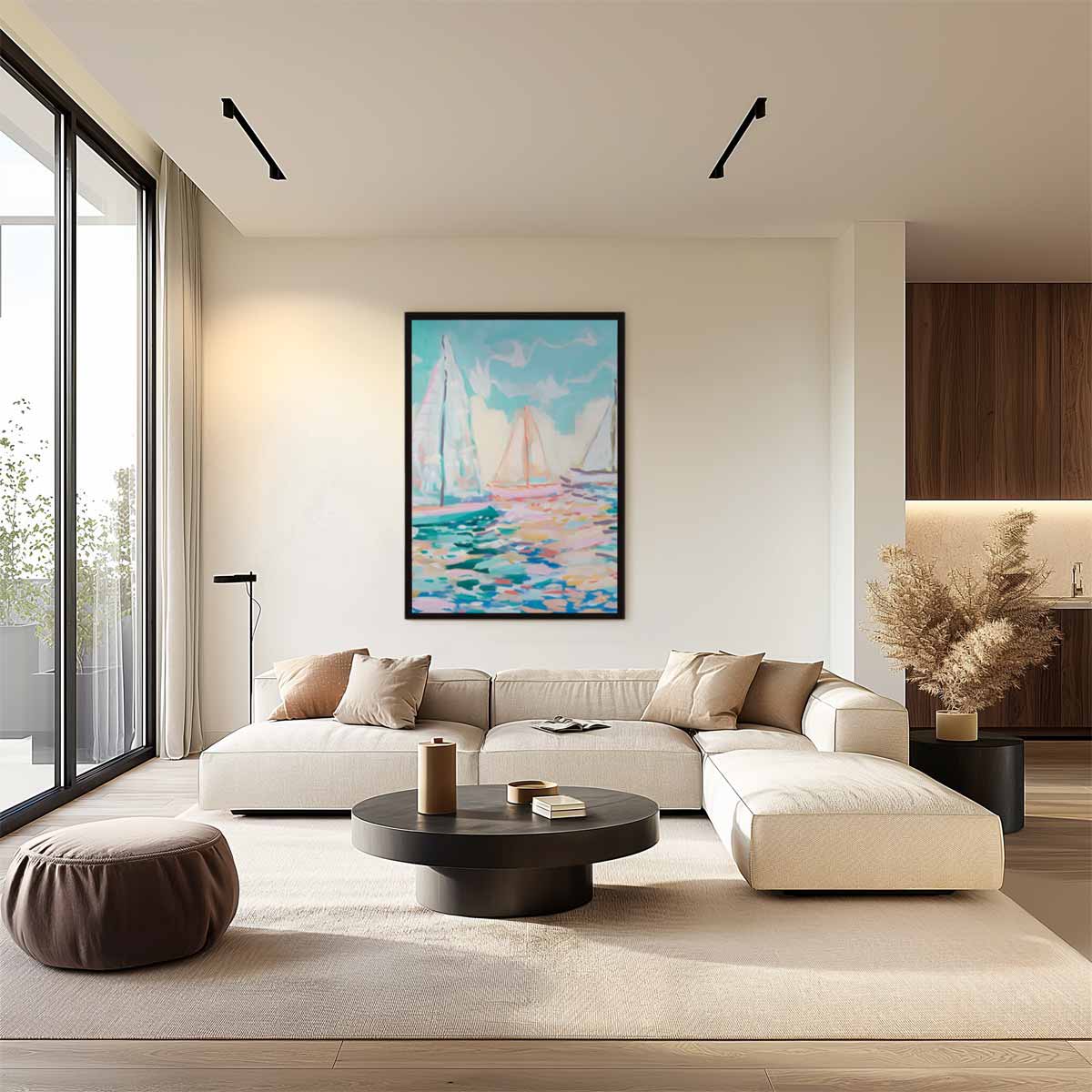 Zonnige Zeilboten op Zee – staand kunstwerk voor modern interieur