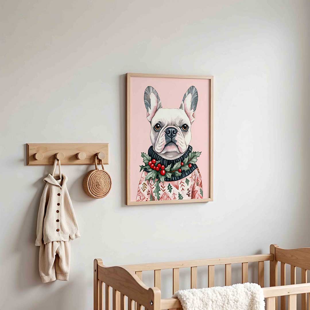 Franse bulldog met kersttrui – kinderposter in staand formaat