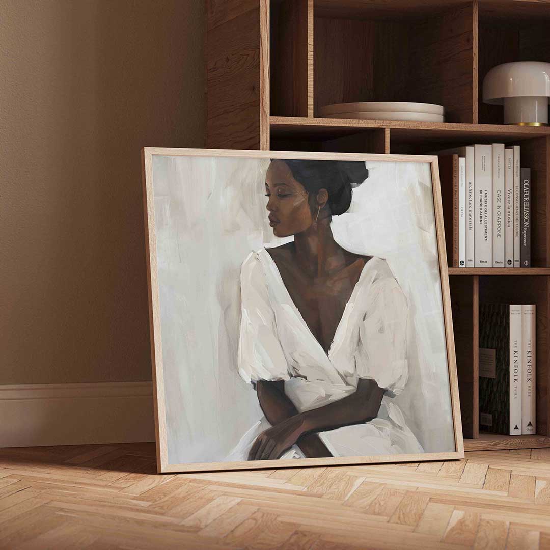 Vrouw in witte jurk – moderne wandkunst als vierkante poster