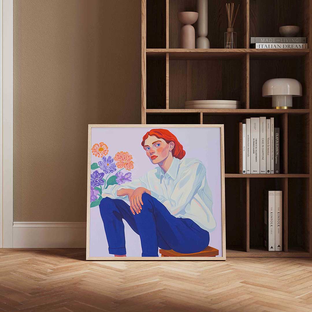 Vrouw met bloemen – moderne poster in vierkant formaat