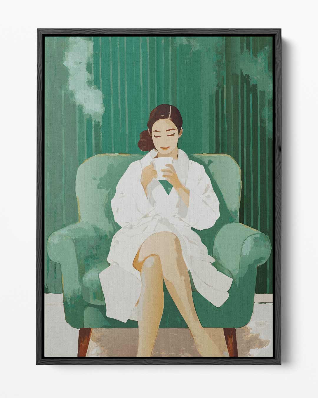 Ontspannen Moment Vrouw Met Koffiekop – portret kunstwerk als wanddecoratie