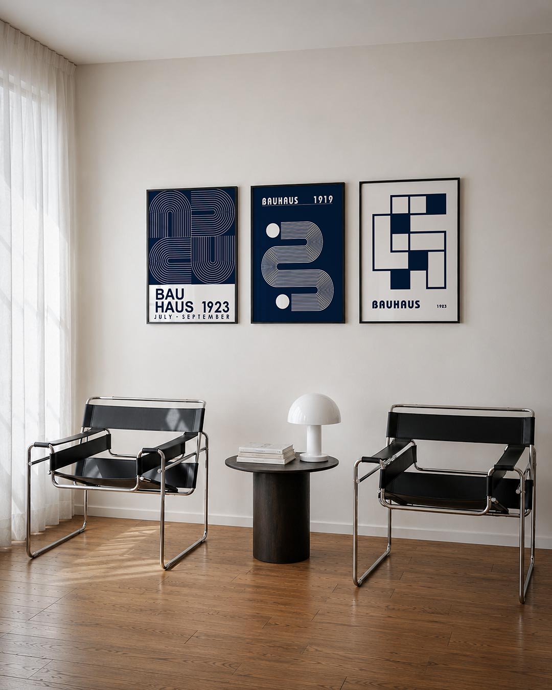 Lijnen en bogen driedelige posterset – deze posterset in drie delen toont een spel van witte lijnen en bogen op een