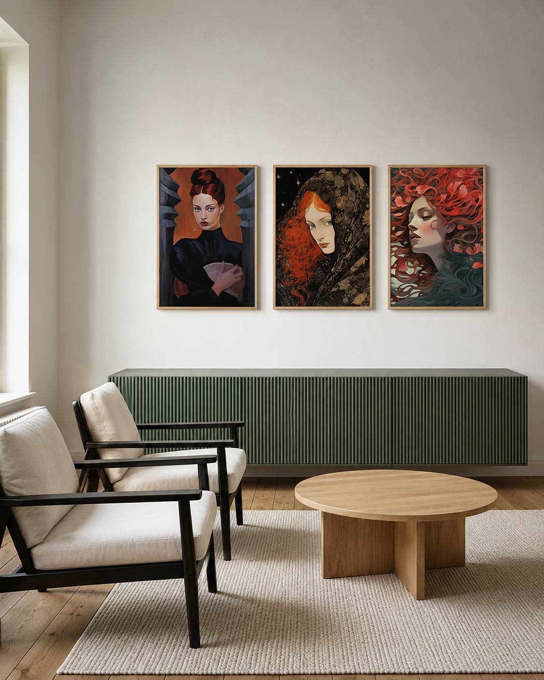 Vorm en kleur posterset – derde productweergave – een vrouw met rood haar en een zwarte jurk staat tussen grijze