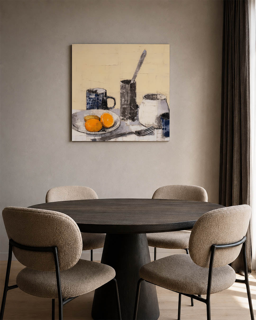 Stilleven met fruit kunstwerk – vierkante wanddecoratie – dit werk toont een tafel met servies en fruit. De compositie is