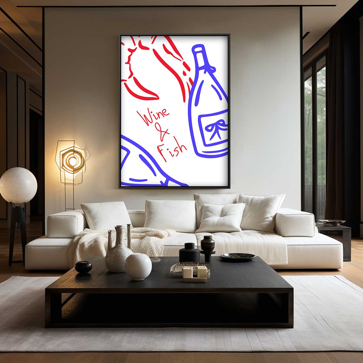 Wijn en Vis Illustratie – plexiglas wanddecoratie in portret formaat