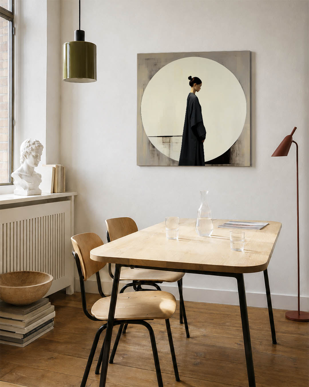 Cirkel kunstwerk – detailweergave – dit werk toont een compositie met een grote witte cirkel tegen een grijze achtergrond.