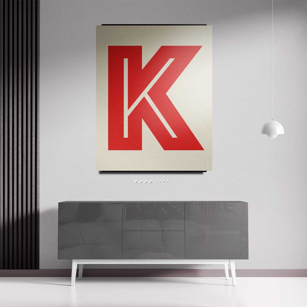 Abstract Rood K-monogram – kunstwerk met zwarte baklijst