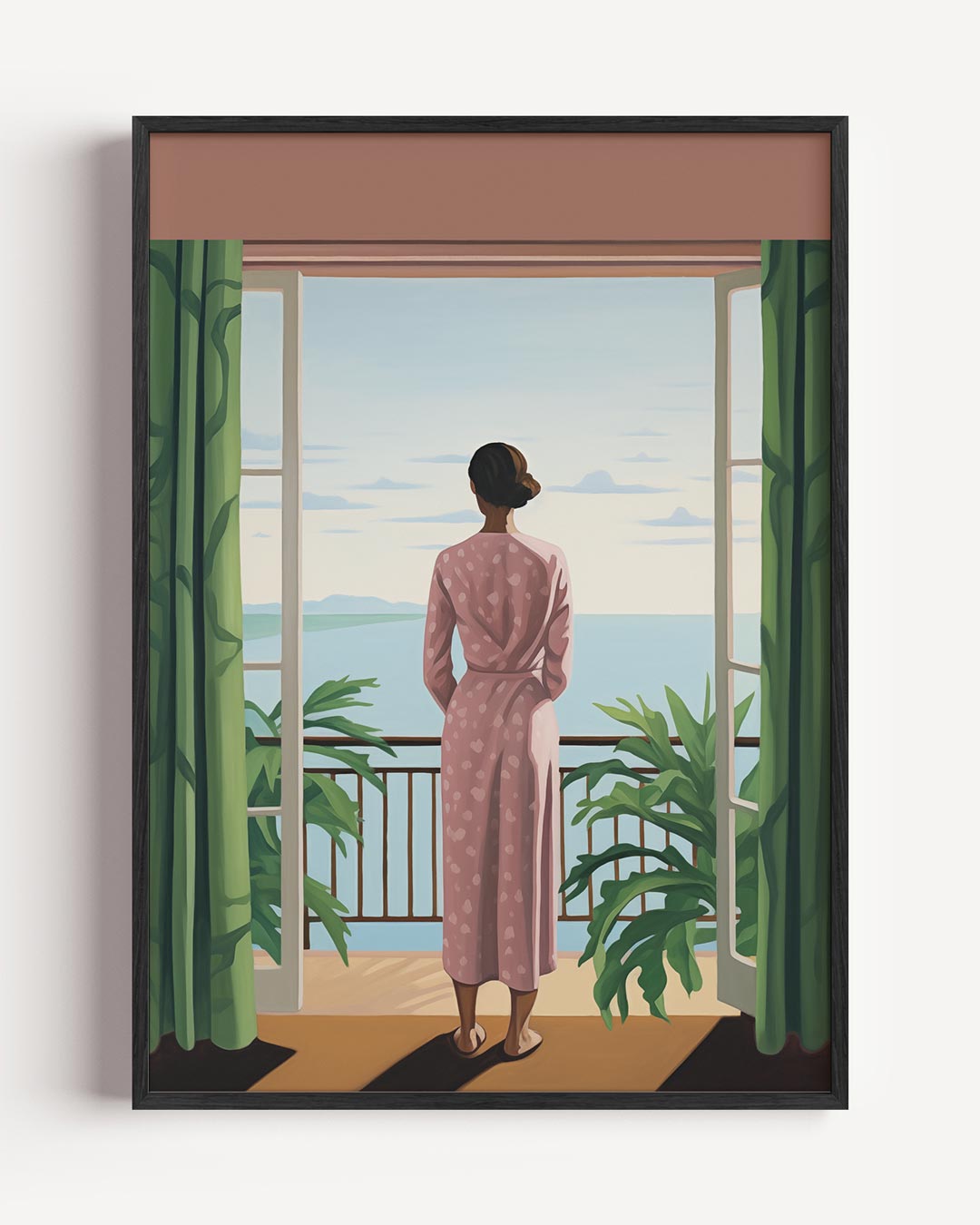 Vrouw bij balkon met zeezicht – vrouwelijk portret poster als wanddecoratie