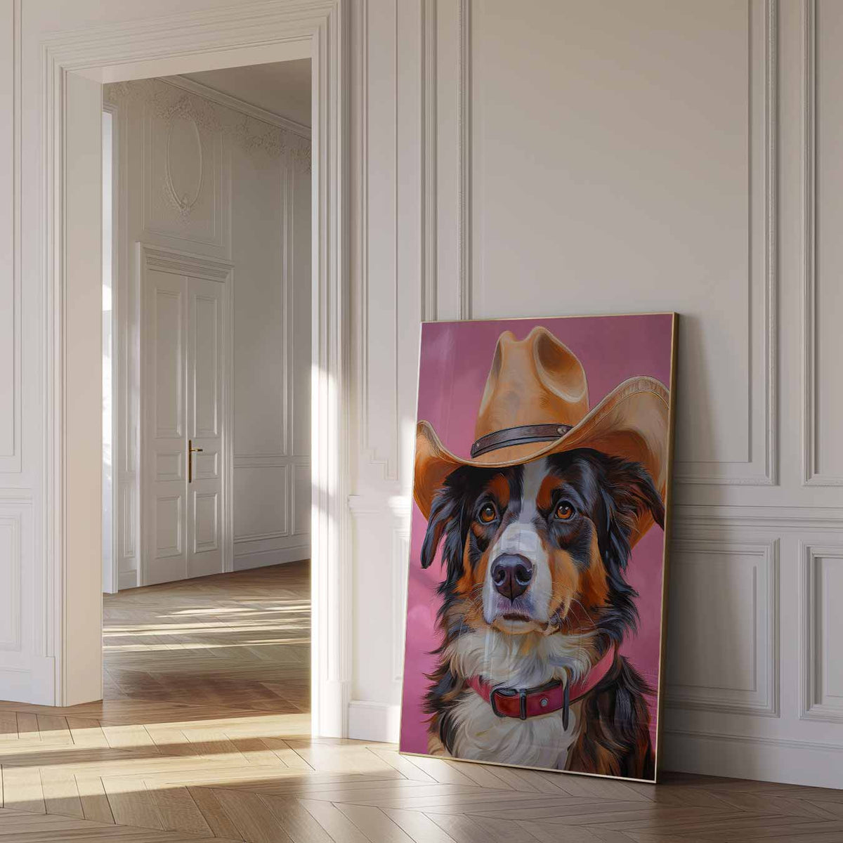 Cowboy Hond in Stijl – dierenposter als moderne staande wanddecoratie
