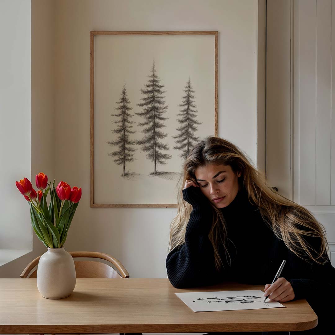 Tedere Dennenbos Tekening – feestelijke wandkunst als portret poster