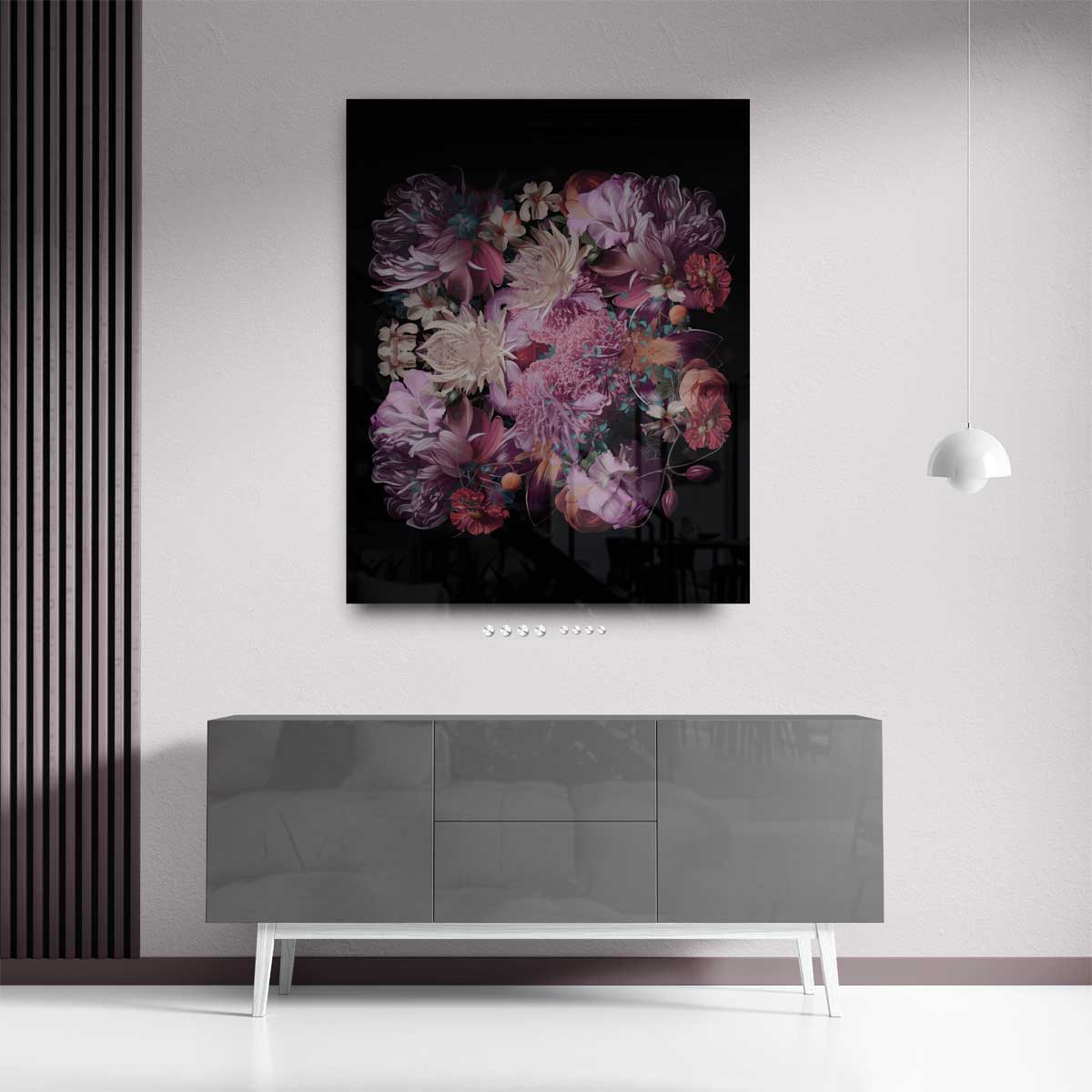 Bloemenpracht op Zwart – plexiglas kunstwerk als wanddecoratie