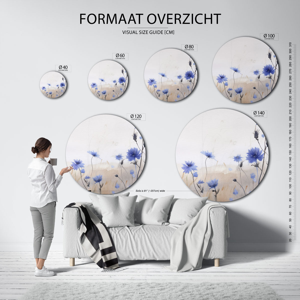 Blauwe bloemen – abstracte wandkunst als muurcirkel van WallArtistic