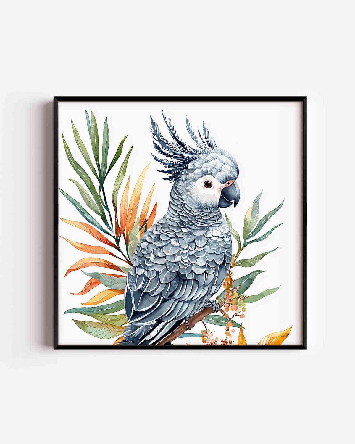 Papegaai met bladeren – vierkante dierenposter als wanddecoratie