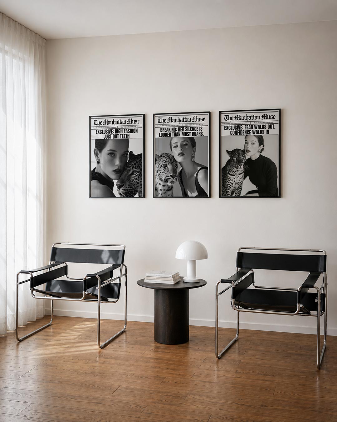 Zwart wit elegantie driedelige posterset – een krachtige zwart-wit compositie met een vrouw en een