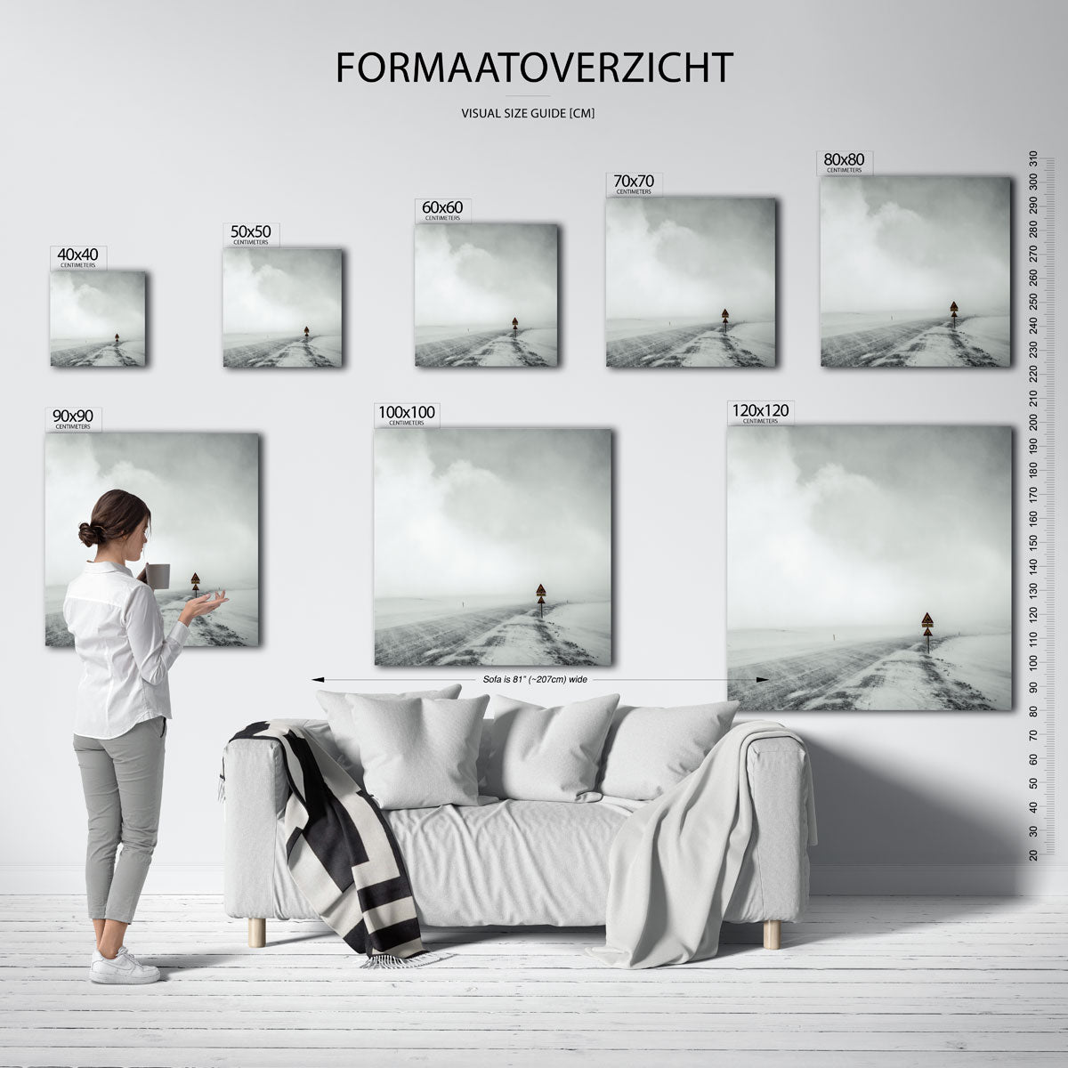 Winterweg kunstwerk – materiaalweergave – een verlaten weg in een besneeuwd landschap met een verkeersbord. De zachte