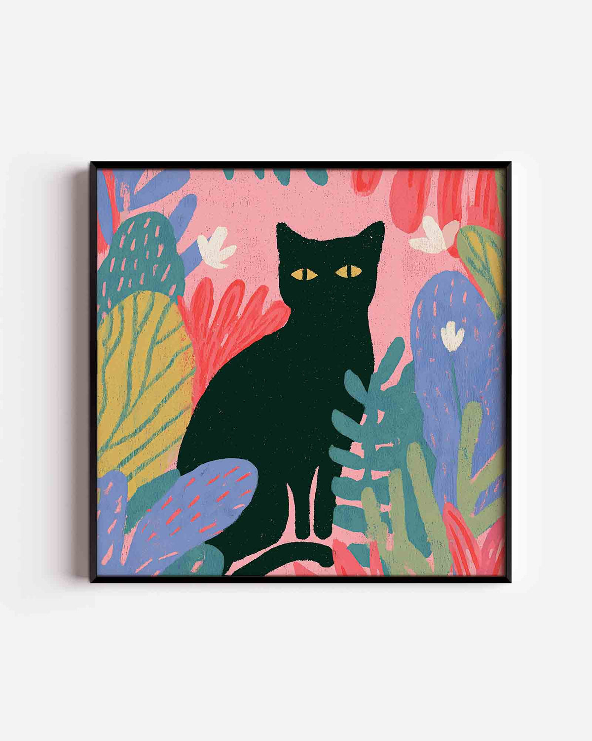 Zwarte kat met kleurrijke bladeren – vierkante poster met kleur en vormen als wanddecoratie