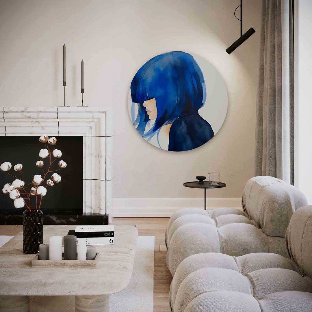 Blauwe haardos – abstracte textuur muurcirkel als wanddecoratie