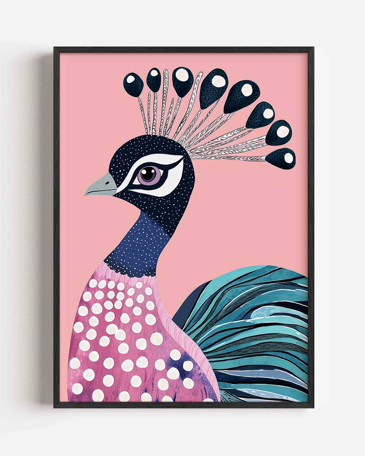 Pauw met roze achtergrond – dieren portret poster als wanddecoratie