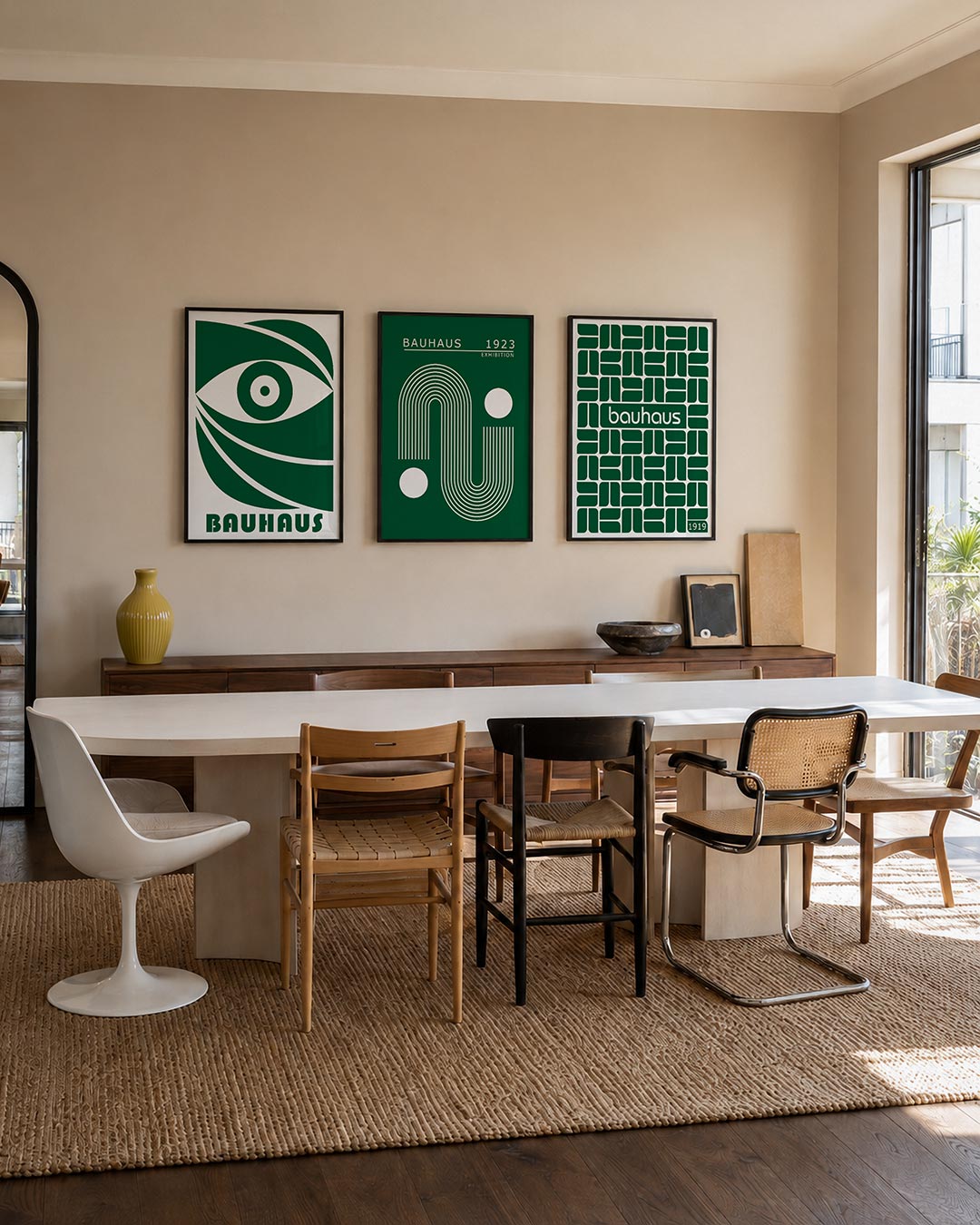 Oog en lijnen posterset – tweede productweergave – een groene vorm met een oog in het midden, omgeven door vloeiende lijnen