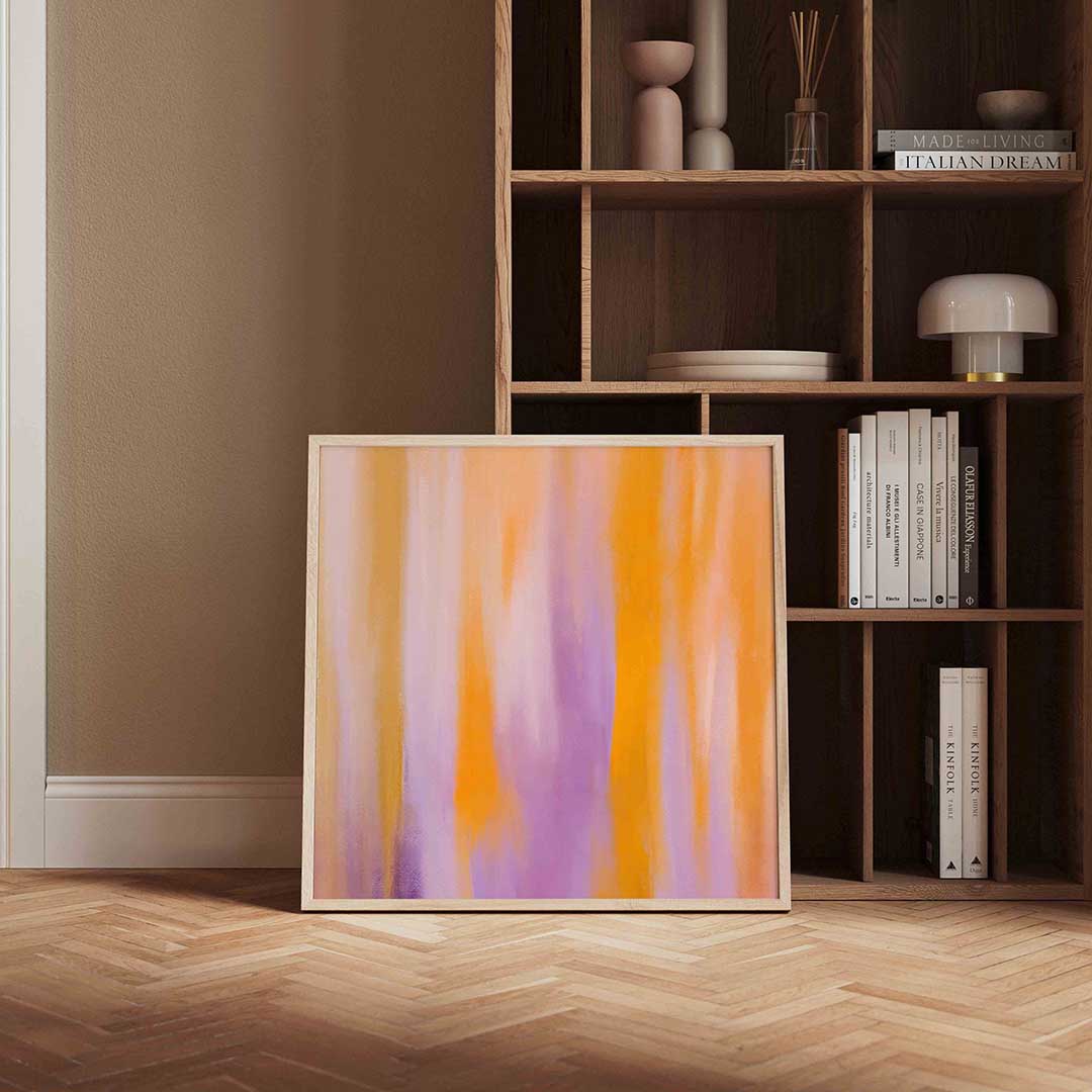 Abstracte oranje en paarse – vierkante wanddecoratie met kleur en vorm van WallArtistic