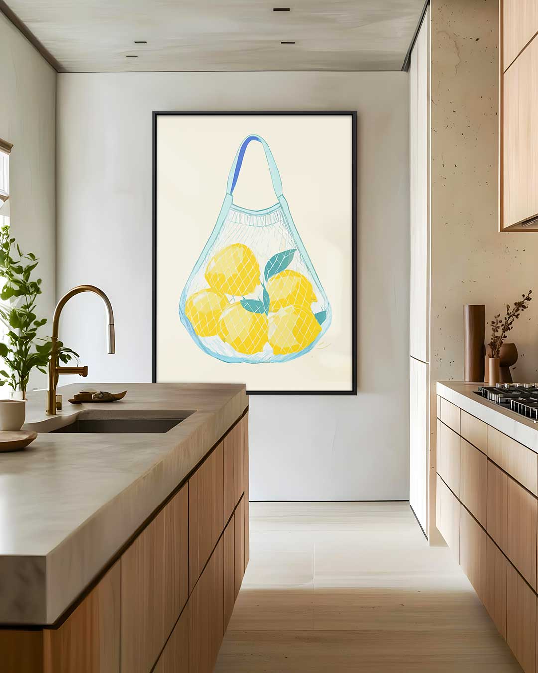 Citroenen in een Netzak – staand kunstwerk voor modern interieur