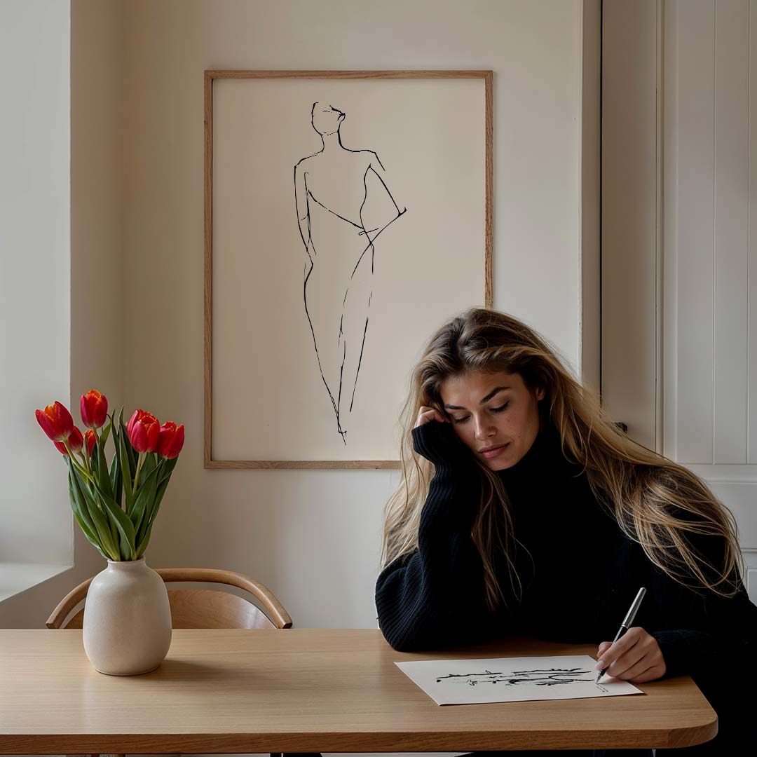 Elegante Mode Schets – staande vrouwelijke wanddecoratie van WallArtistic
