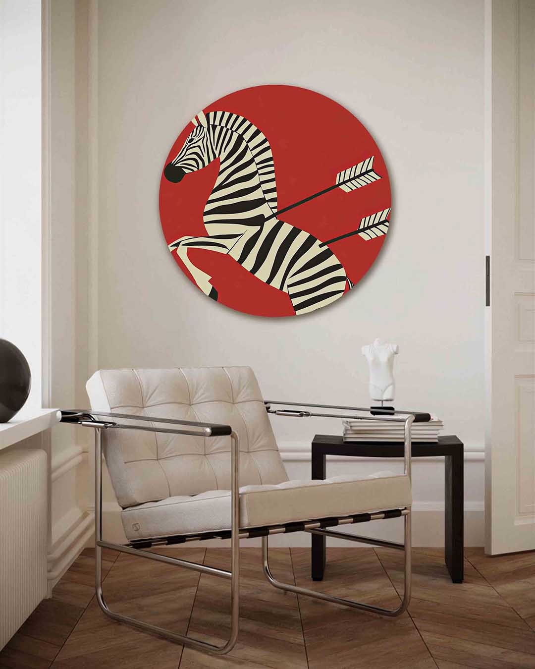 Zebra met pijlen – kleurrijke illustratie muurcirkel als wanddecoratie