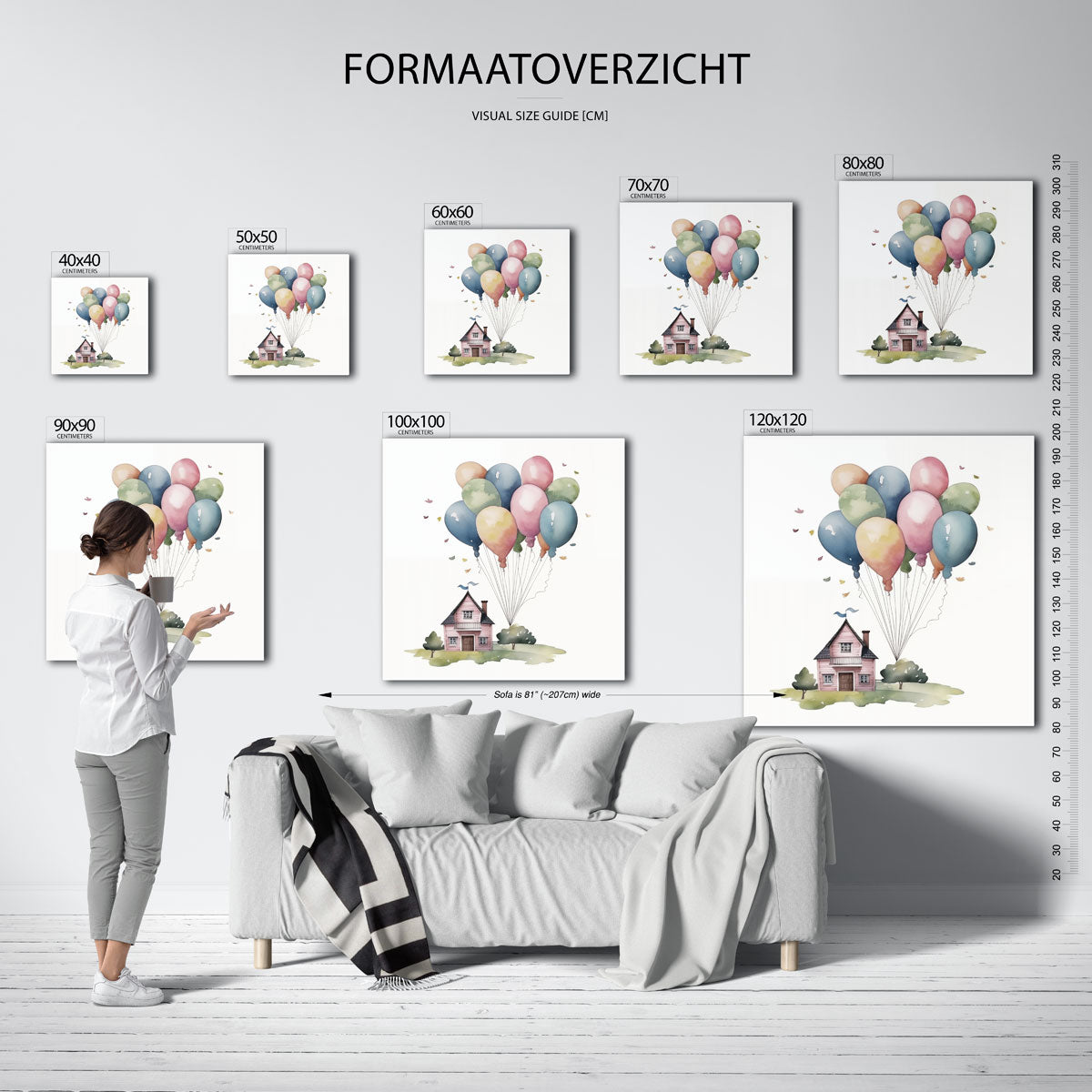 Huis met ballonnen – vierkante muurposter voor de kinderkamer