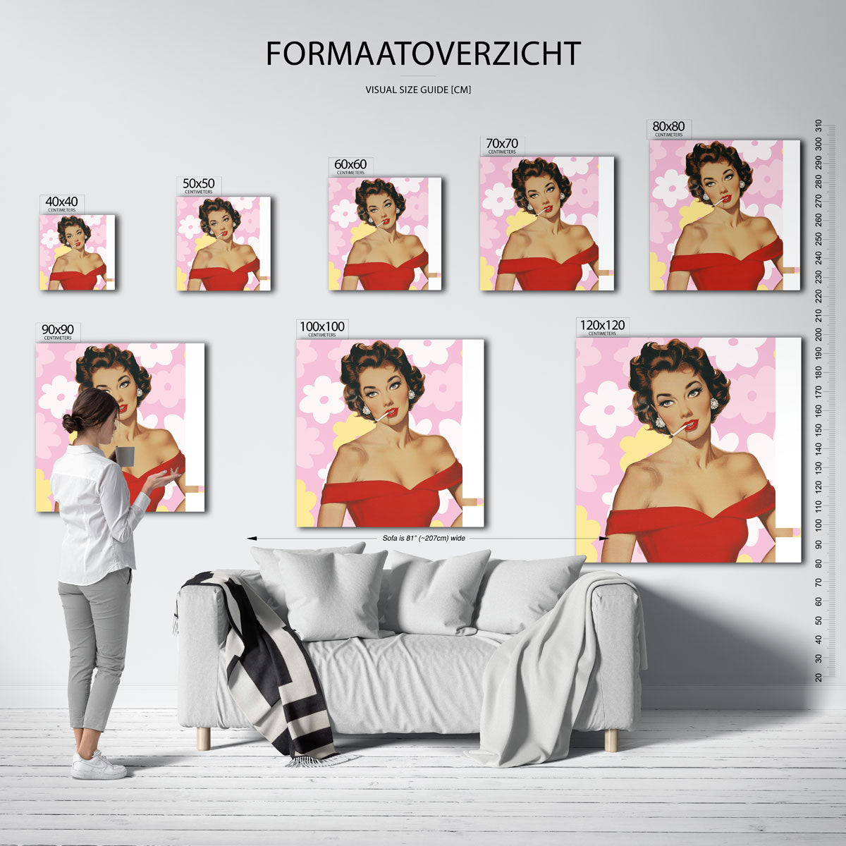 Vrouw in rode jurk – kleurrijke vierkante muurposter in Pop Art stijl