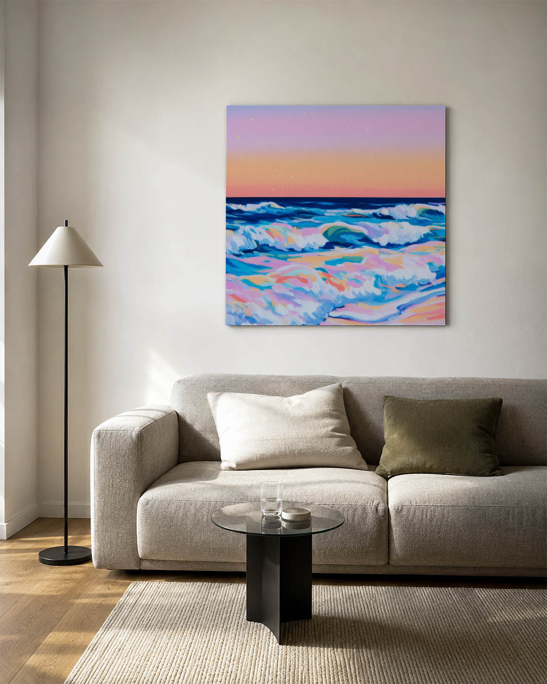 Kleurrijke zee golven kunstwerk – vierkante wanddecoratie – dit werk toont een levendige zee met golven in diverse kleuren.