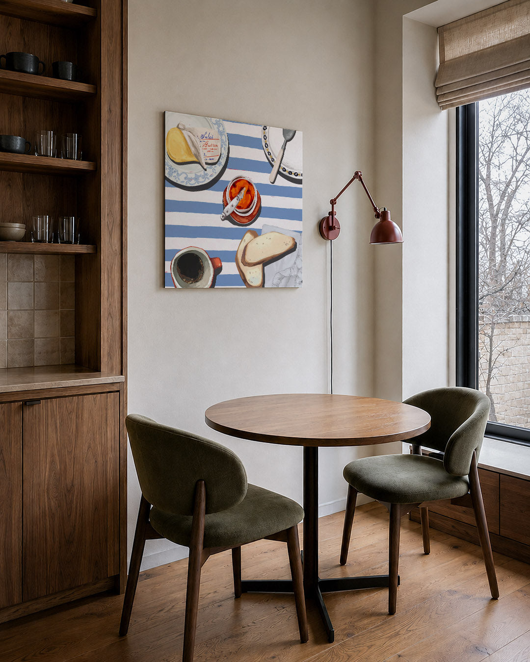 Ontbijt compositie kunstwerk – derde productweergave – dit werk toont een tafel met gestreept tafelkleed, boter, jam, brood
