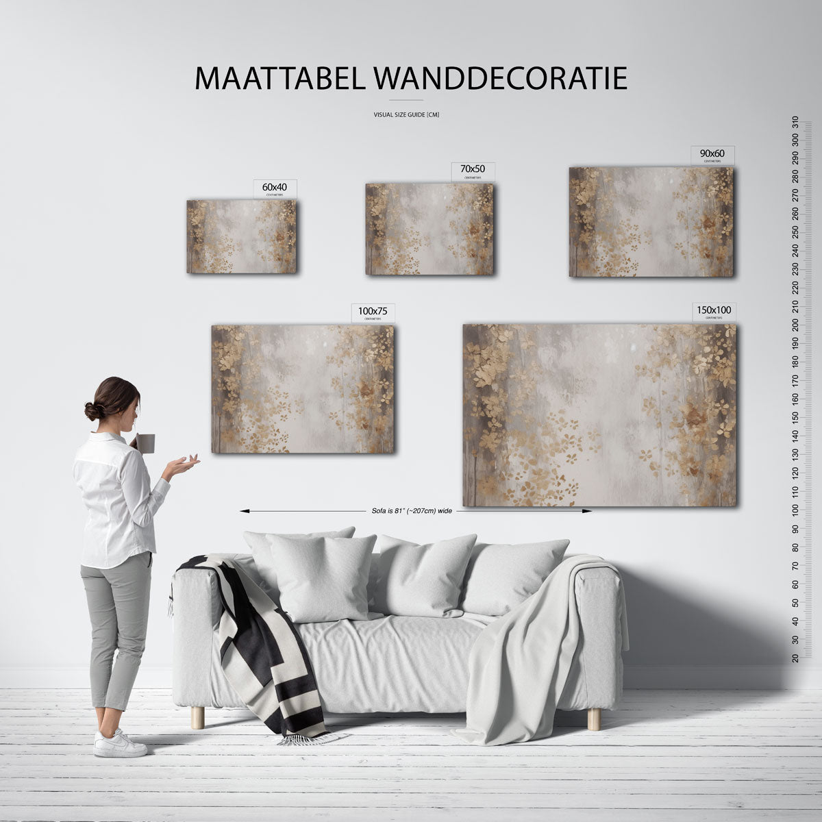 Gouden bloemmotief – moderne liggende wanddecoratie