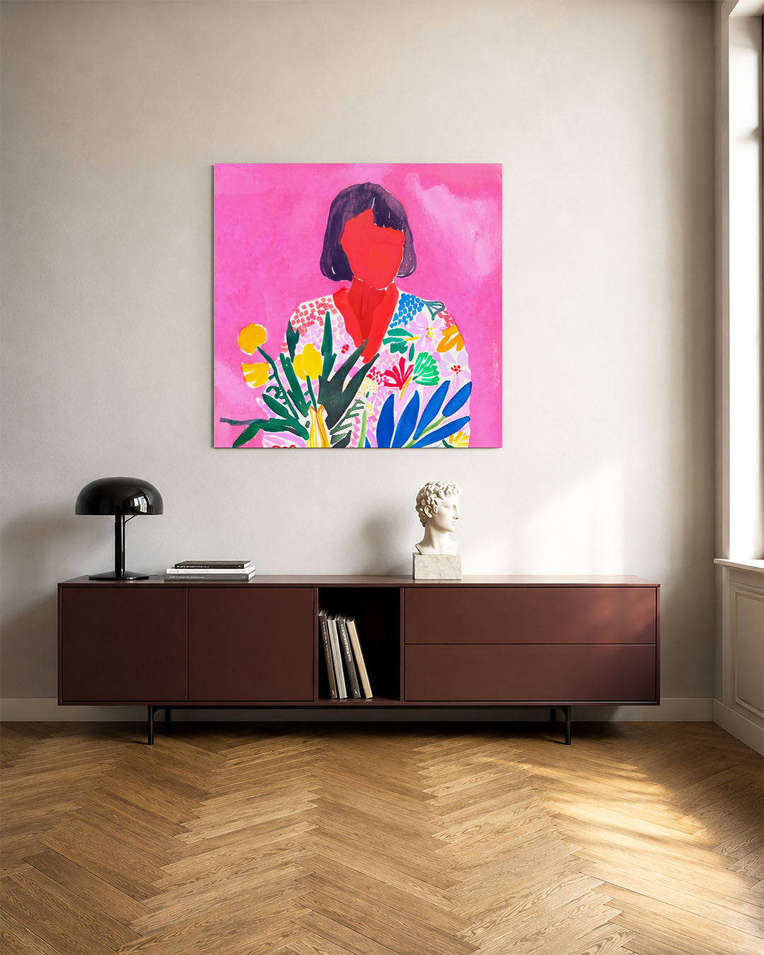 Vrolijke bloemenportret kunstwerk – tweede productweergave – dit kunstwerk toont een kleurrijk portret met een overvloed aan