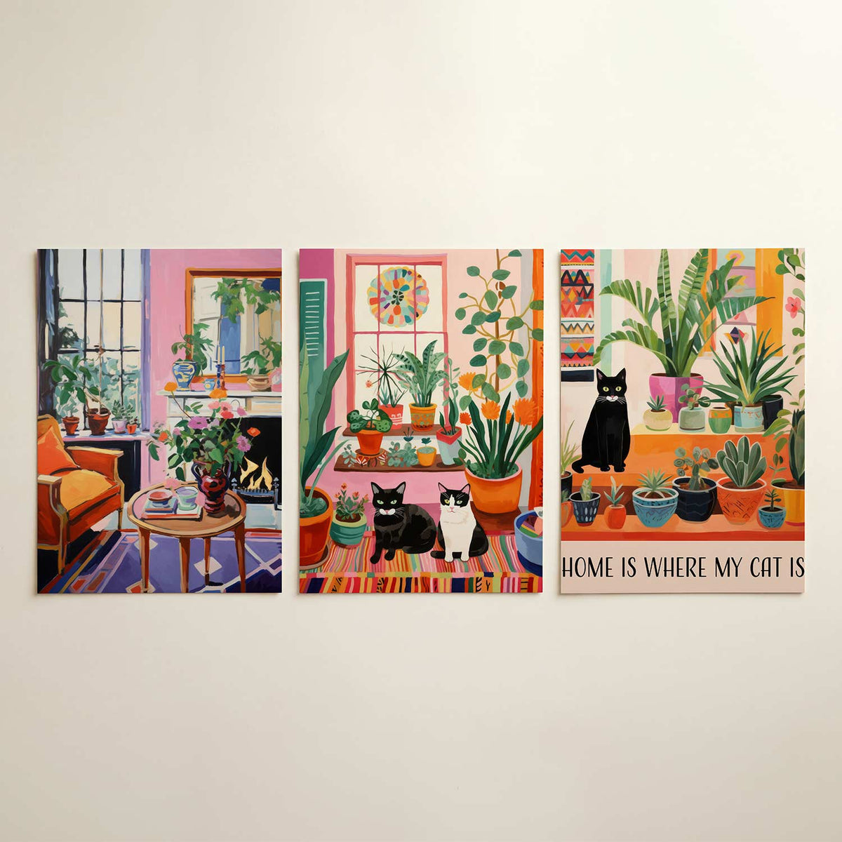 Kleurrijke interieurhoek driedelige posterset in interieur