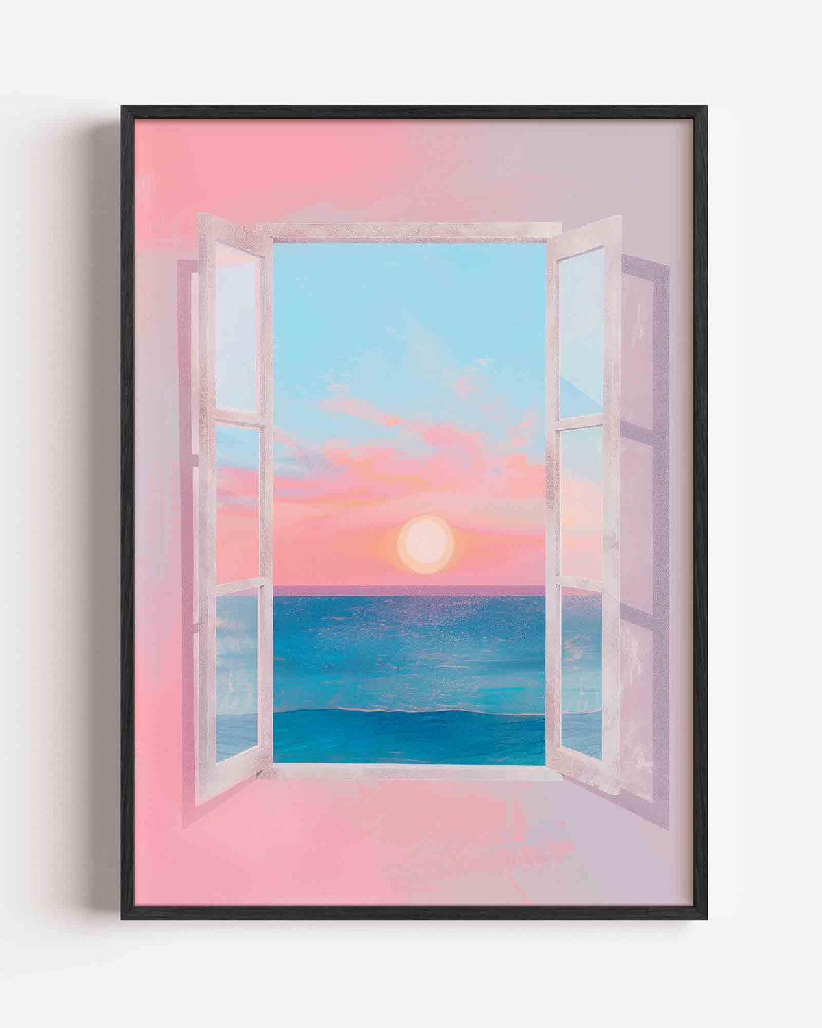 Zonsondergang bij open raam – kleurrijke illustratie portret poster als wanddecoratie