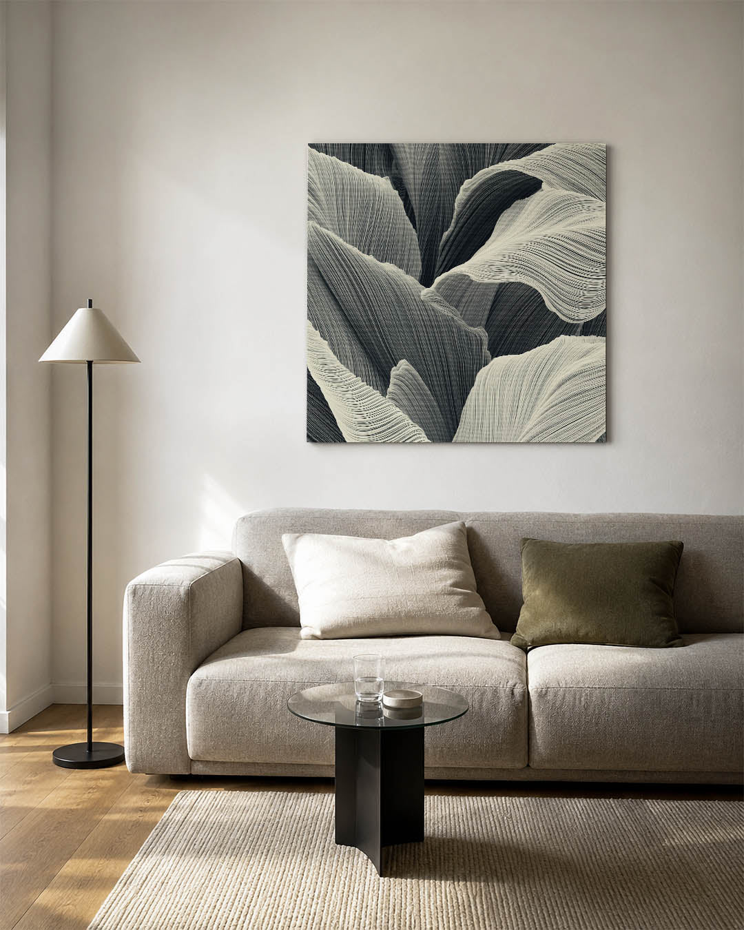 Golvende lijnen kunstwerk – vierkante wanddecoratie – dit werk toont vloeiende, golvende lijnen in een dynamisch patroon. De