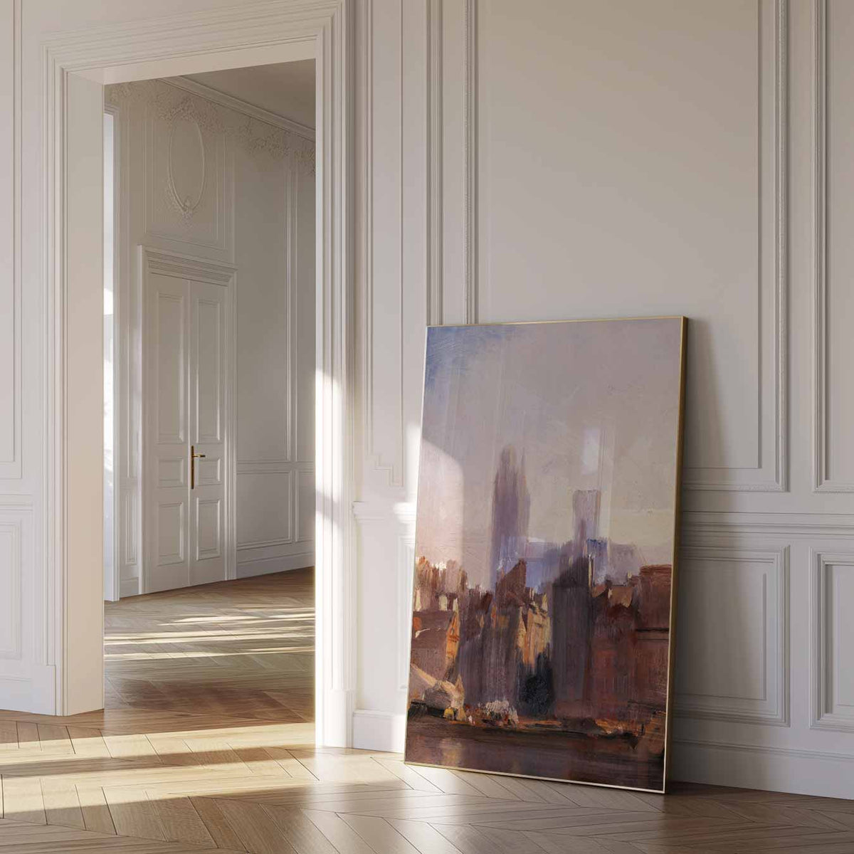 Stadssilhouet bij Zonsopgang – urban poster in staand formaat