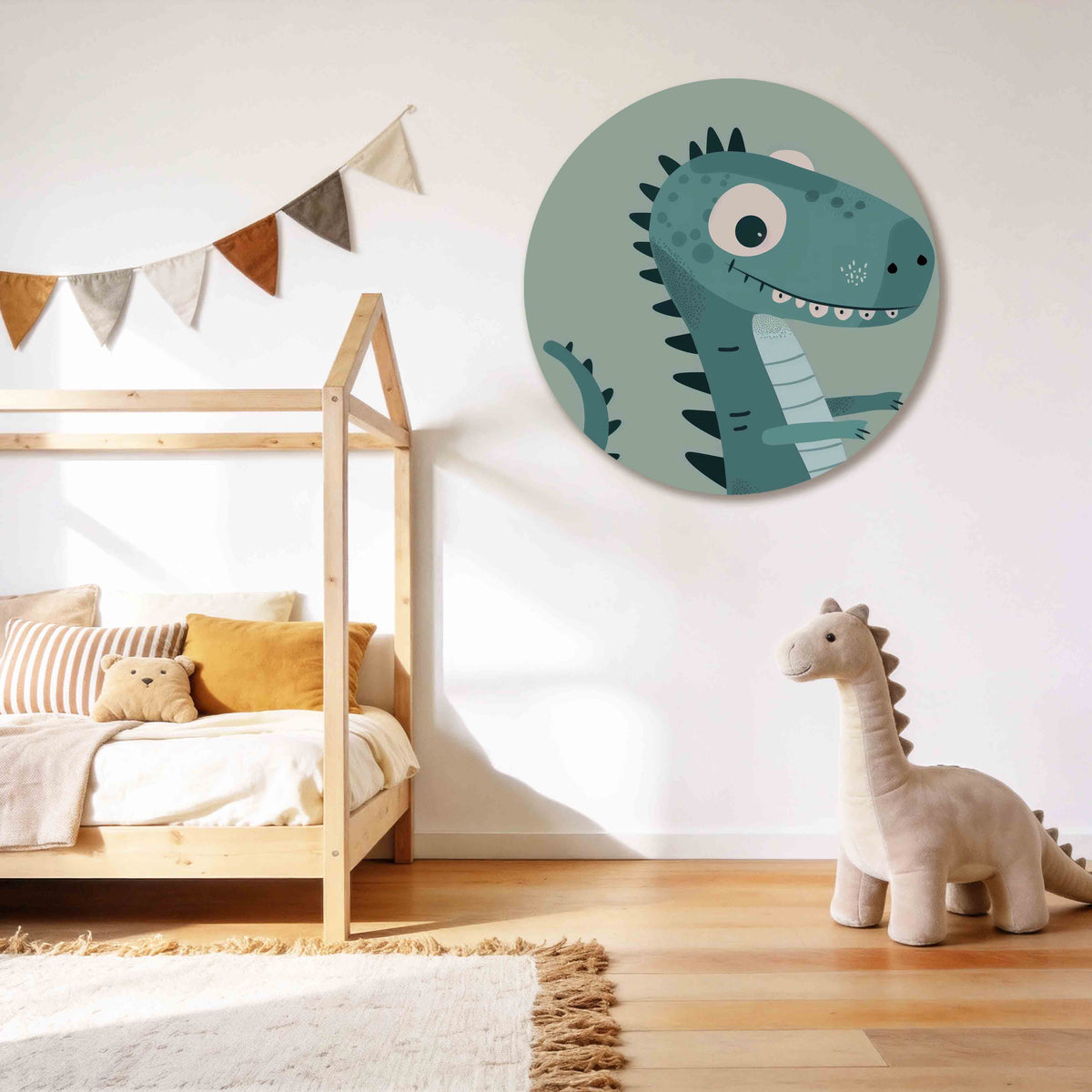 Blauwe dinosaurus Muurcirkel – tweede productweergave – Een speelse dinosaurus in verschillende tinten blauw met zwarte