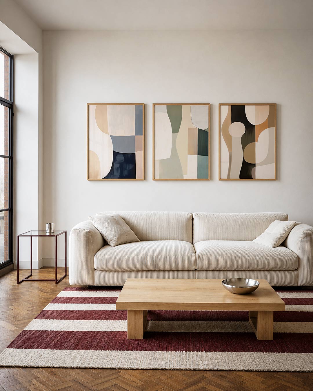 Vorm en kleurvlakken – deze posterset in drie delen toont zachte, gebogen vormen in beige, blauw en