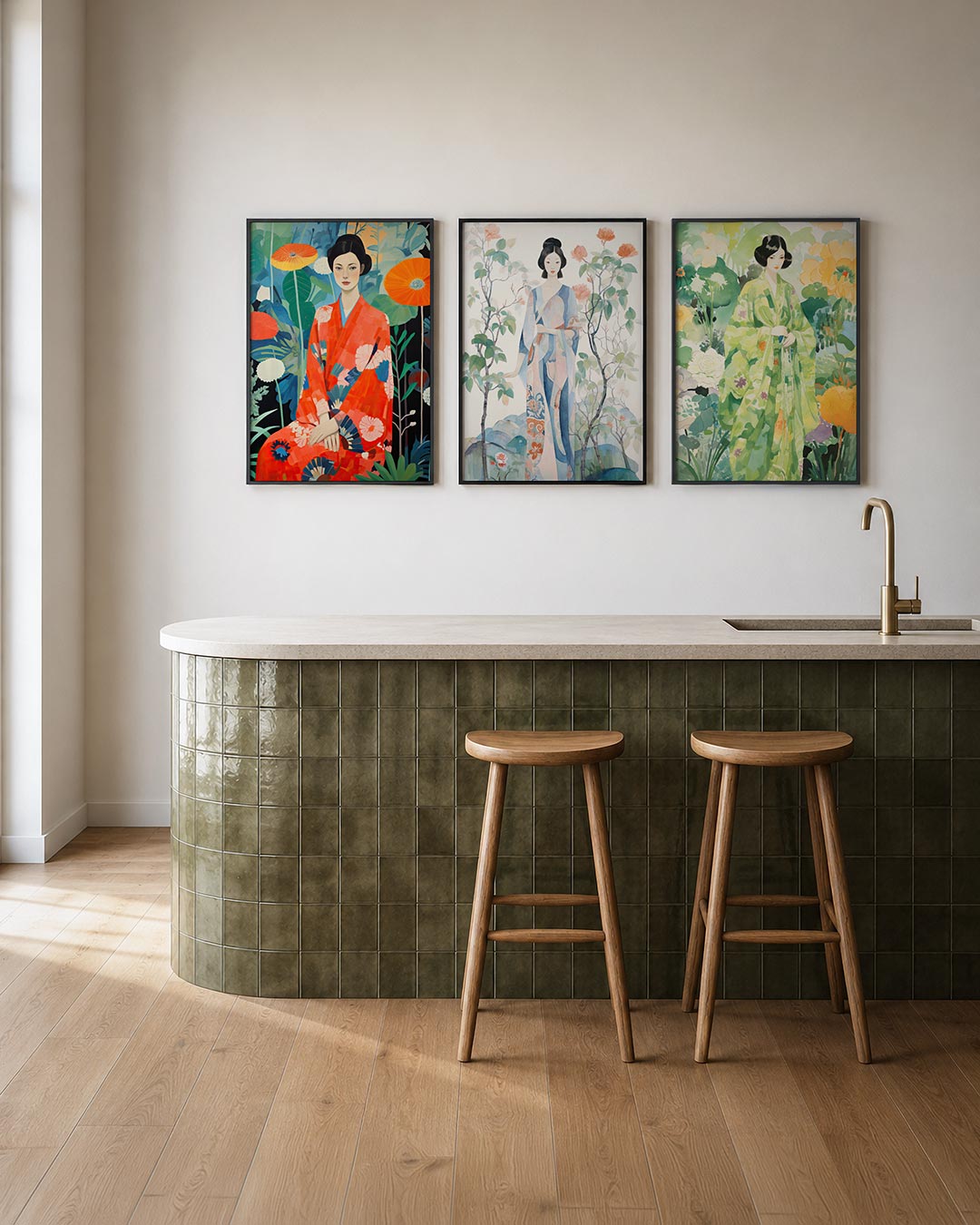 Kleurrijke harmonie posterset – tweede productweergave – een vrouw in een felrode kimono omringd door grote,