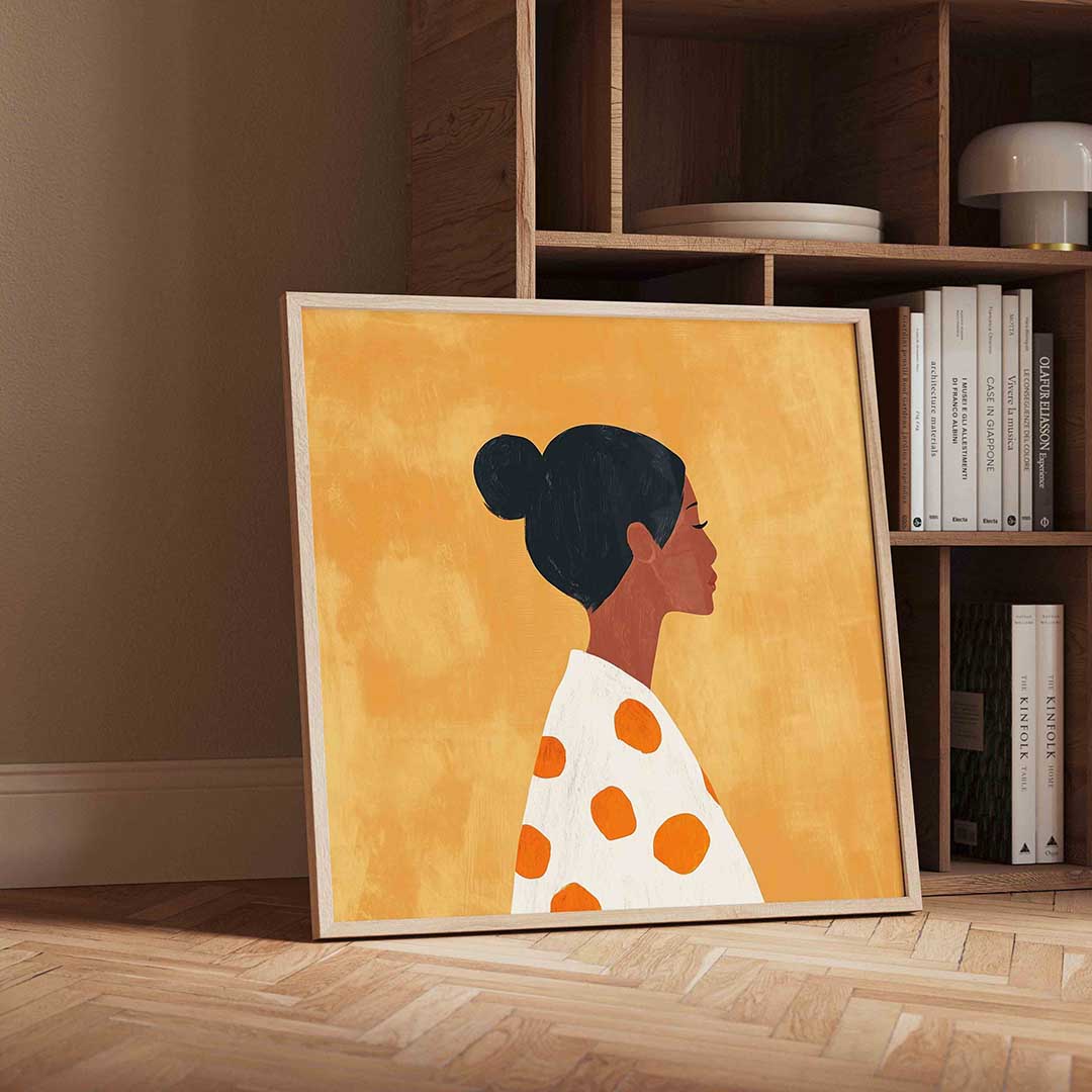 Vrouwelijk profiel met oranje stippen – vierkante moderne wanddecoratie van WallArtistic