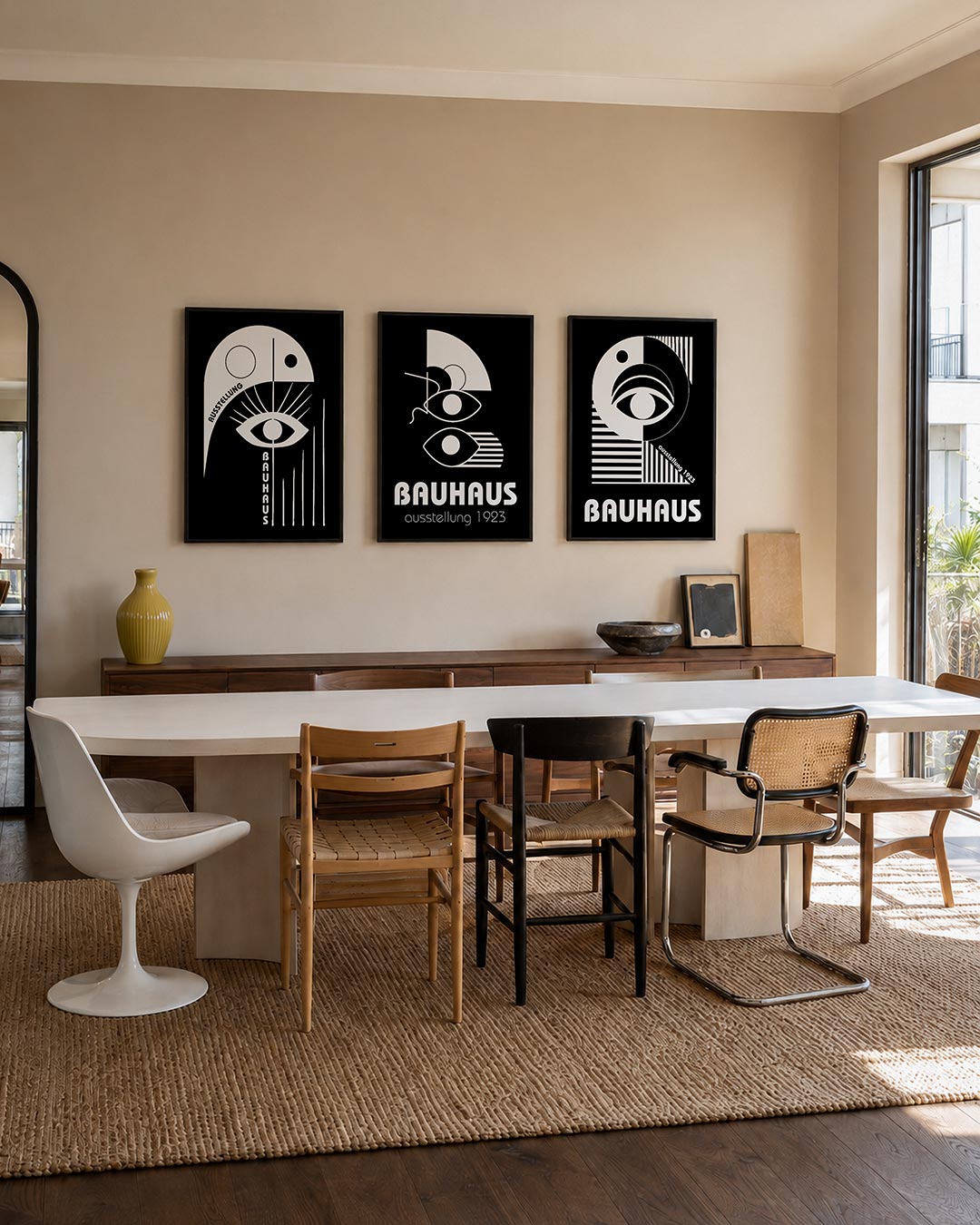 Oog en lijnen posterset – tweede productweergave – zwart-wit compositie met een groot oog centraal. Strakke lijnen en cirkels
